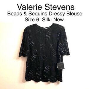 Valerie Stevens Black Silk Beaded Sequin Dressy Blouse Top